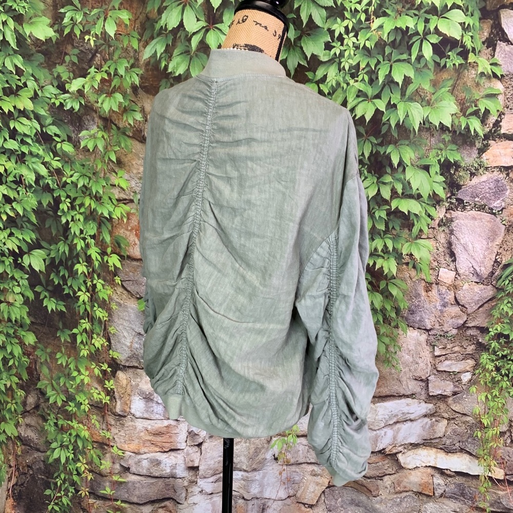FREE PEOPLE Festival Wear Ruched Linen Oliver Green Bomber Jacket, S - Picture 10 of 16